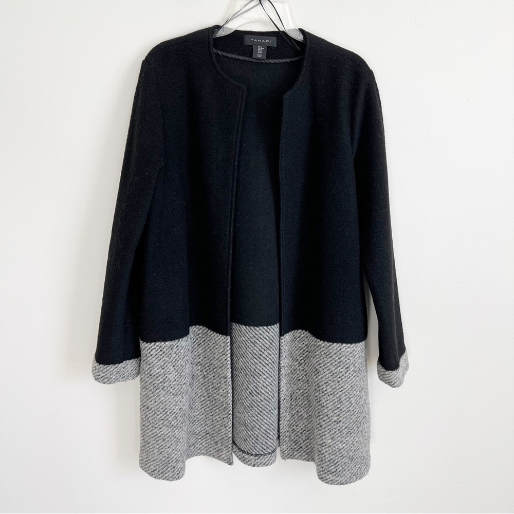 Tahari Wool Cardigan Jacket Colorblock Duster Jacket Black Grey Stripe Medium - Picture 16 of 16